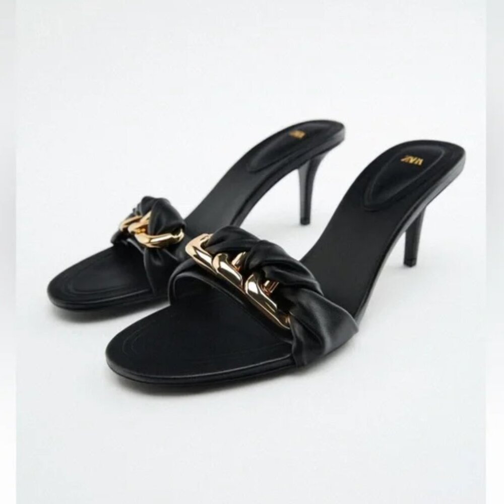 NEW ZARA Chain Trim Heeled Sandals BLOGGERS FAVE BLACK GOLD COMFORT EU 41 US 10
